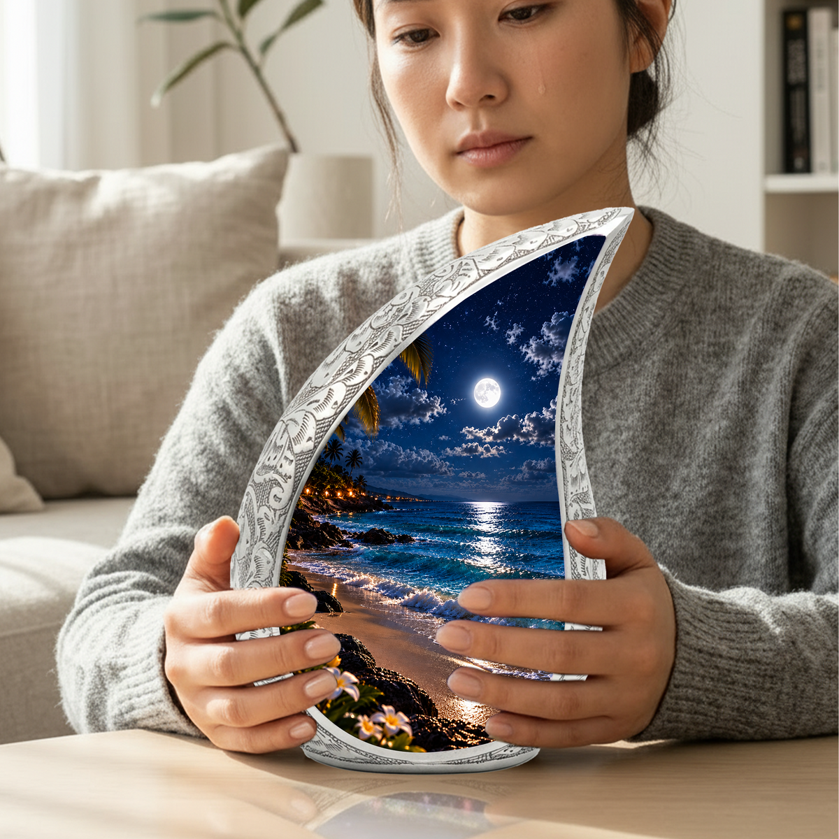 Moonlit Beach Cremation Urn for Ashes, Personalized Ocean Adult Urn