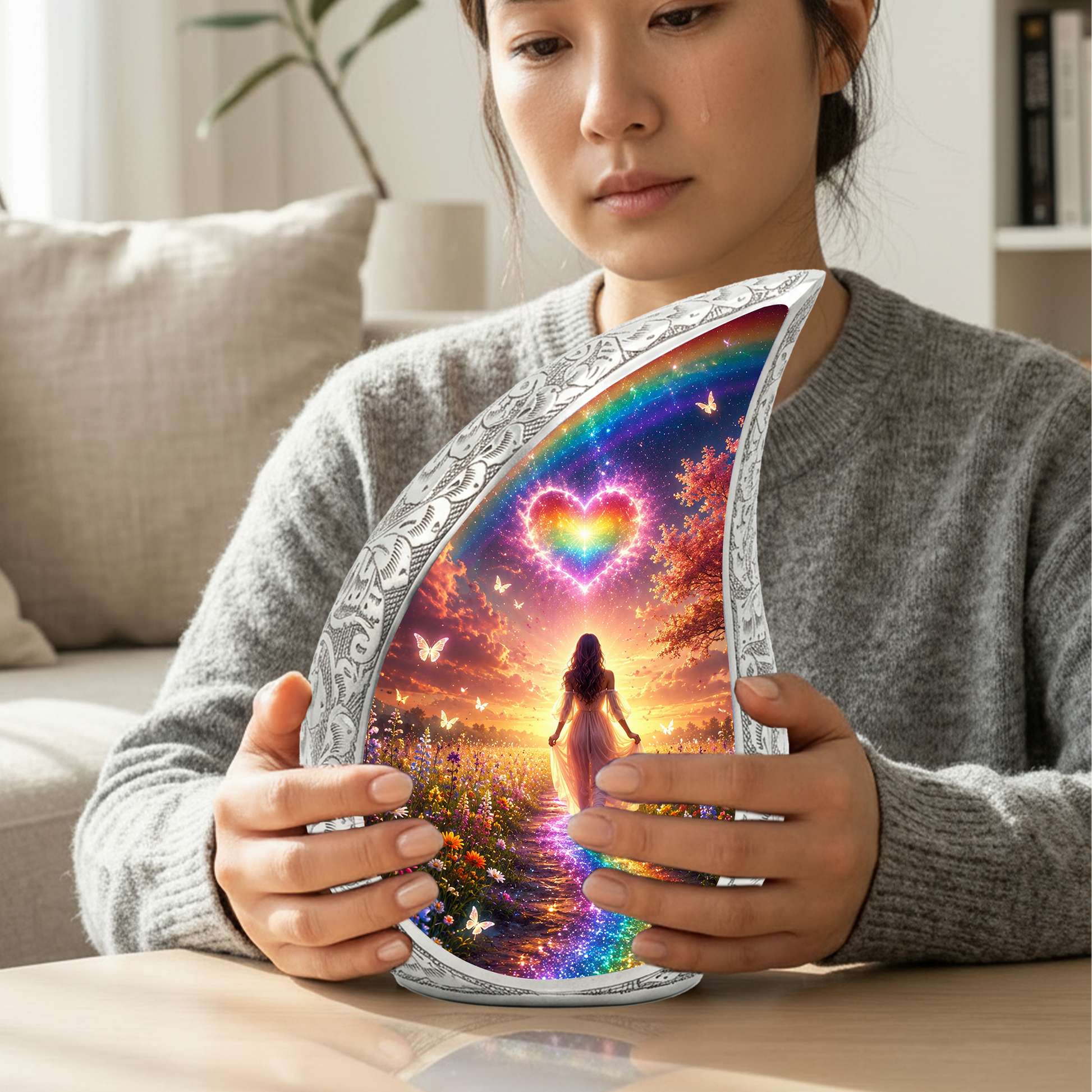 Women Rainbow Heart Urn for Human Ashes – Beautiful Colorful Cremation Urn for Mom