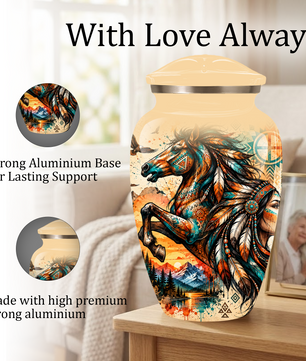 Personalized Adult Cremation Urn for Ashes, Native American Horse Memorial Urn, Tribal Horse Cremation Urn