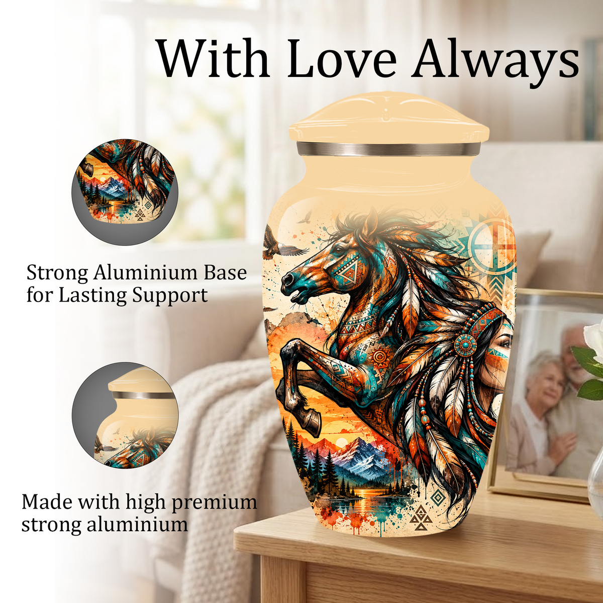 Personalized Adult Cremation Urn for Ashes, Native American Horse Memorial Urn, Tribal Horse Cremation Urn