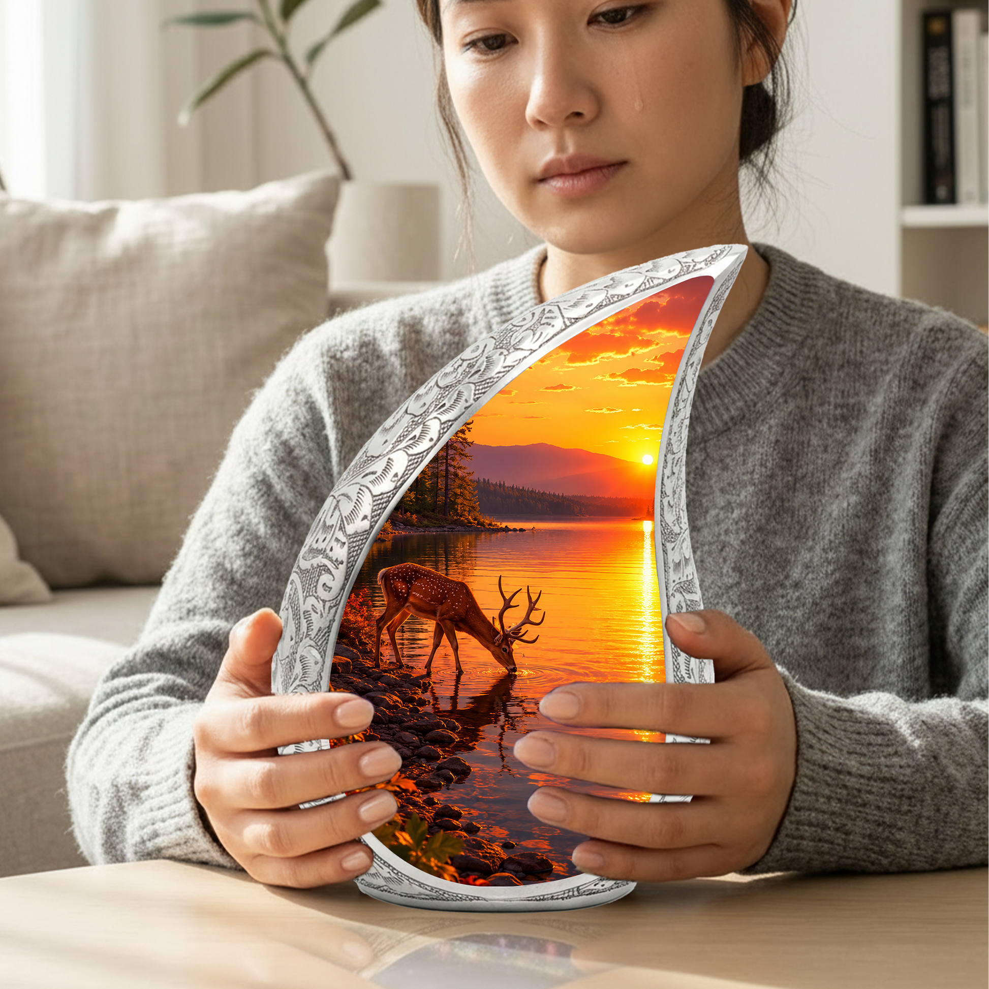 Deer Memorial Urn for Mom, Sunset Deer Cremation Urn, Memorial Urn for Women