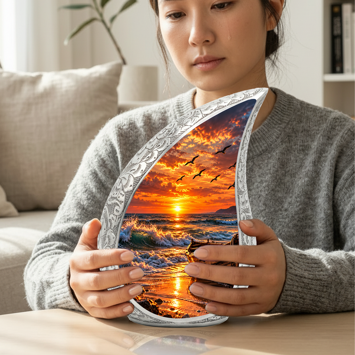 Ocean Sunset Cremation Urn for Adult Ashes, Beach Memorial keepsake Urn