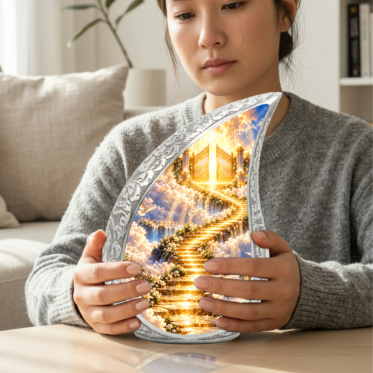 Stairway to Heaven Cremation Urn for Mom- Golden Heavenly Gates Memorial Urn