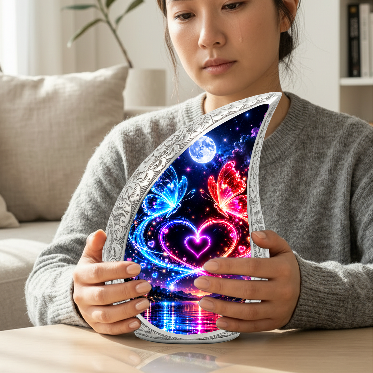 Heart Butterfly Urn for Human Ashes, Adult Cremation Urn with Glowing Butterflies