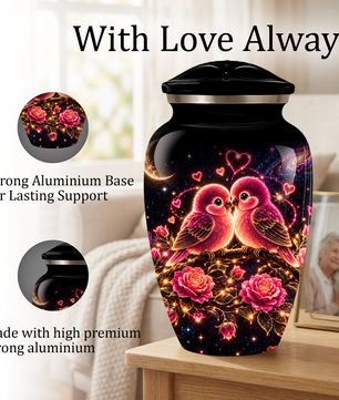 Love Birds Cremation Urn for Adult Ashes, Romantic Pink Birds and Roses Memorial Urn