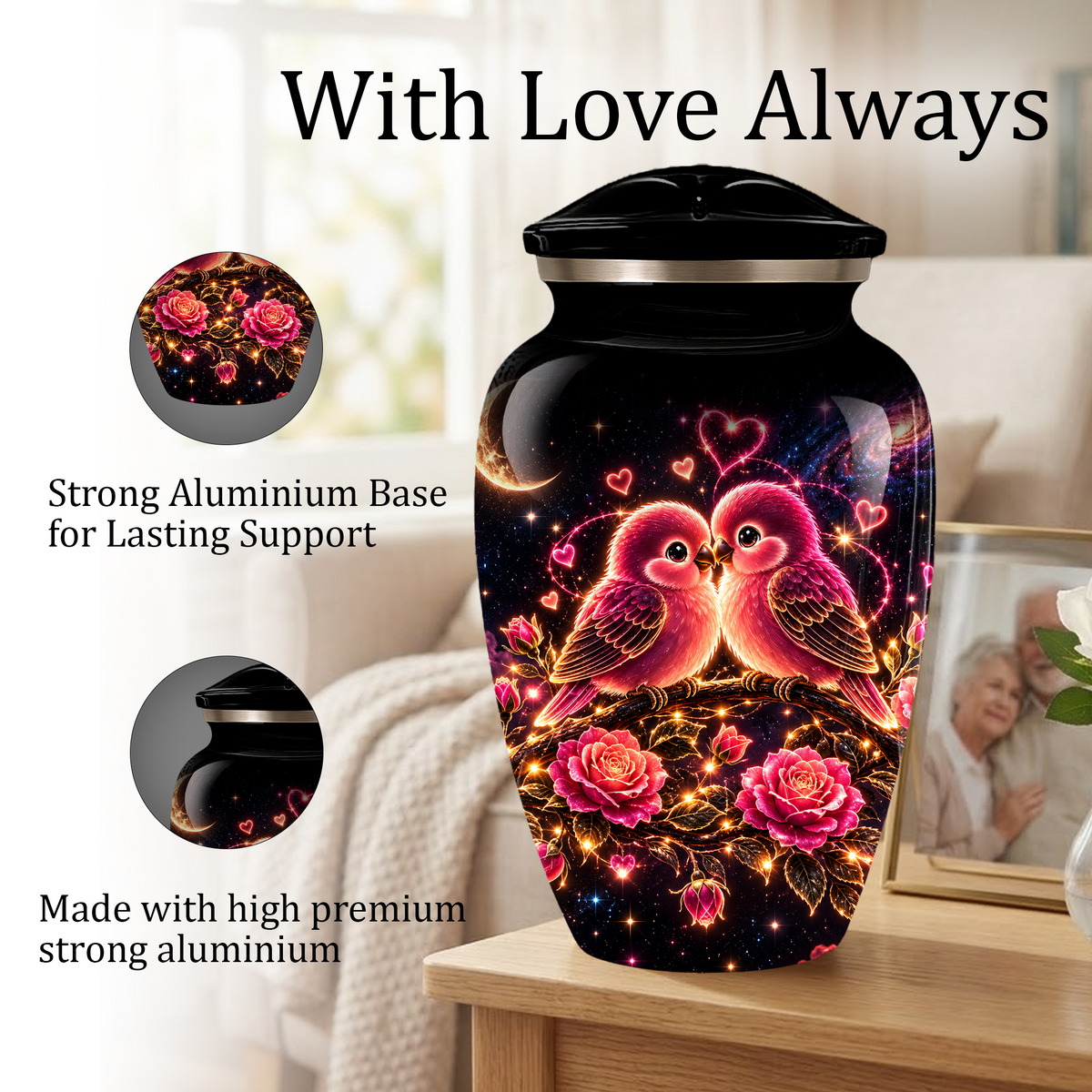 Love Birds Cremation Urn for Adult Ashes, Romantic Pink Birds and Roses Memorial Urn