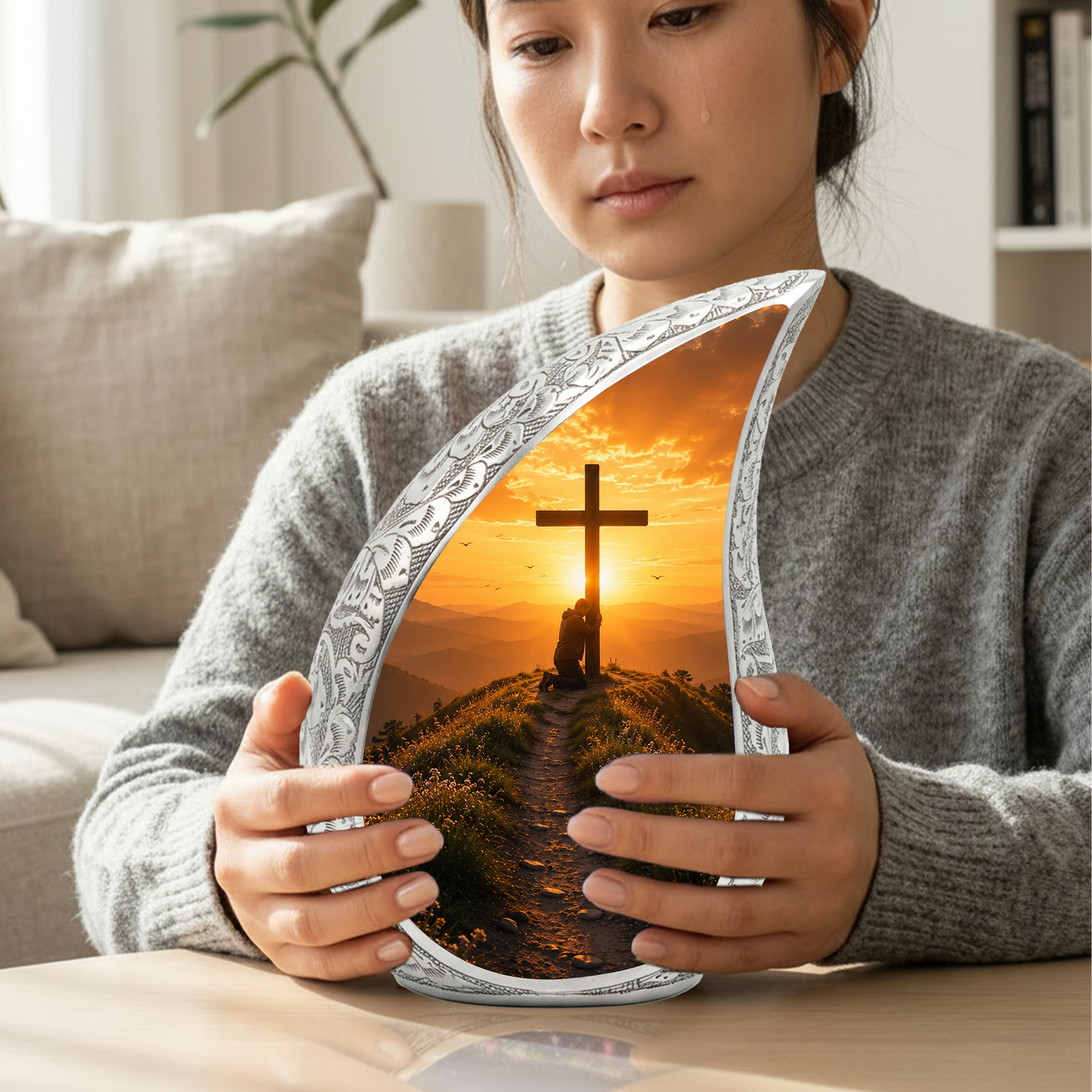 Cross Sunset Urn for Dad | Personalized Cremation Urn for Father's Ashes Memorial