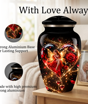 Red Rose Fairy Heart Cremation Urn for Adult Ashes, Personalized Memorial Urn with Romantic Heart Design