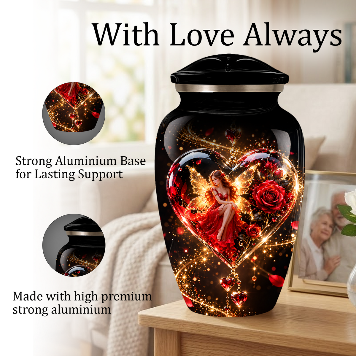 Red Rose Fairy Heart Cremation Urn for Adult Ashes, Personalized Memorial Urn with Romantic Heart Design
