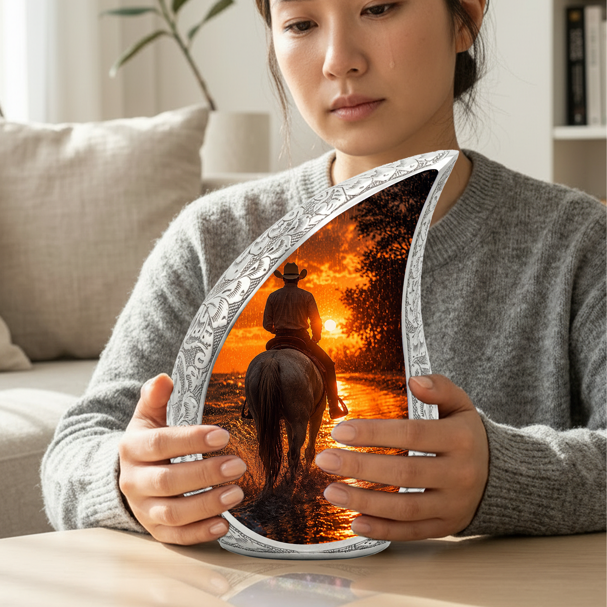Cowboy Sunset Urn for Human Ashes | Western Cremation Urn for Dad, Father & Men