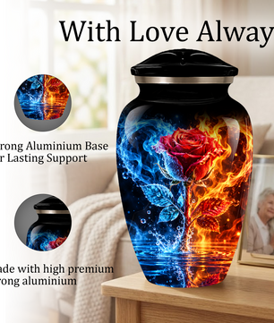 Red Rose Cremation Urn for Adult Ashes – Blue and Orange Flame Memorial Urn