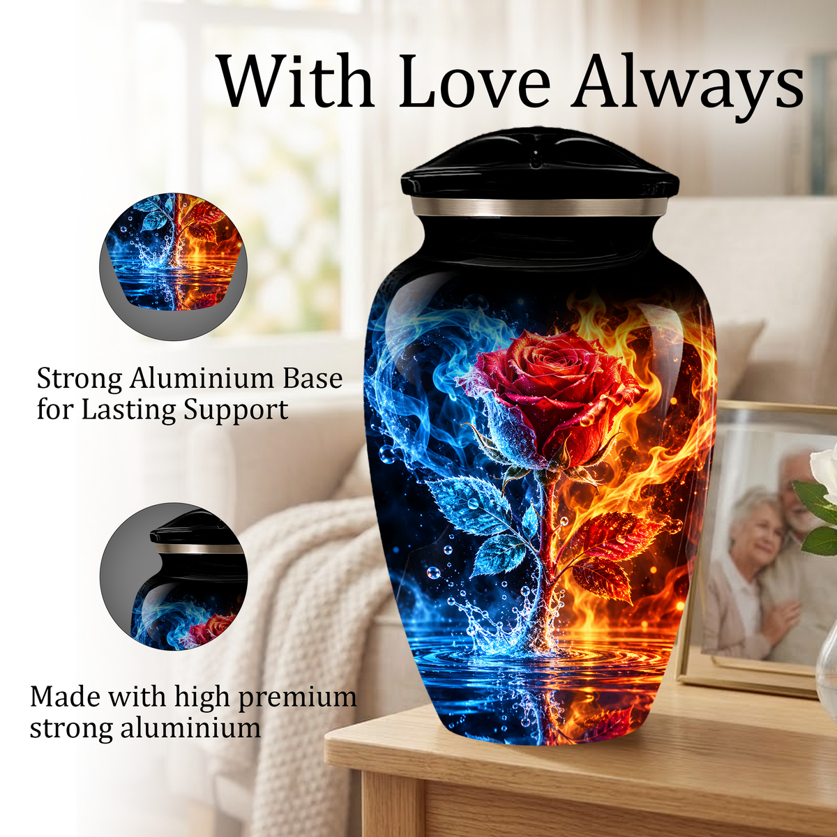 Red Rose Cremation Urn for Adult Ashes – Blue and Orange Flame Memorial Urn