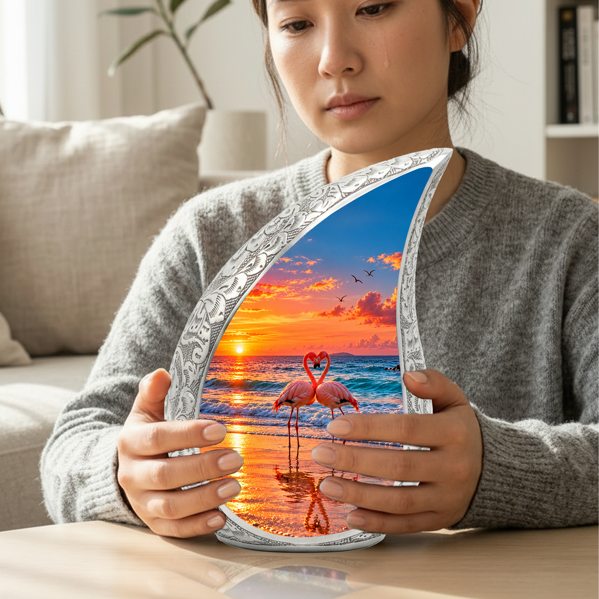 Flamingo Cremation Urn for Ashes, Beach Sunset Memorial Urn, Adult Aluminum Urn