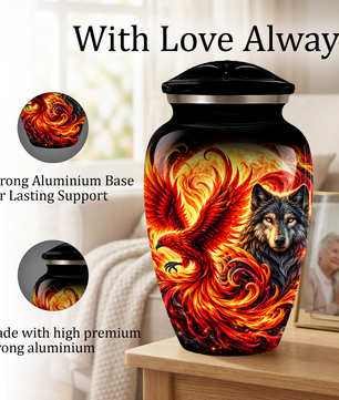 Phoenix and Wolf Cremation Urn for Adult Ashes, Fiery Red Phoenix and Wolf Adult Urn for Human Ashes