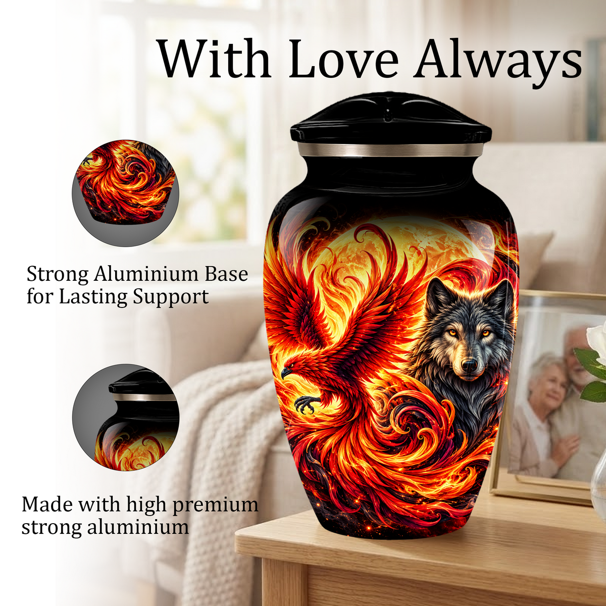Phoenix and Wolf Cremation Urn for Adult Ashes, Fiery Red Phoenix and Wolf Adult Urn for Human Ashes