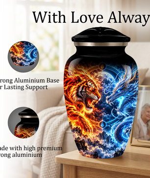 Personalized Adult Cremation Urn for Ashes, Fire and Ice Tiger and Dragon Memorial Urn
