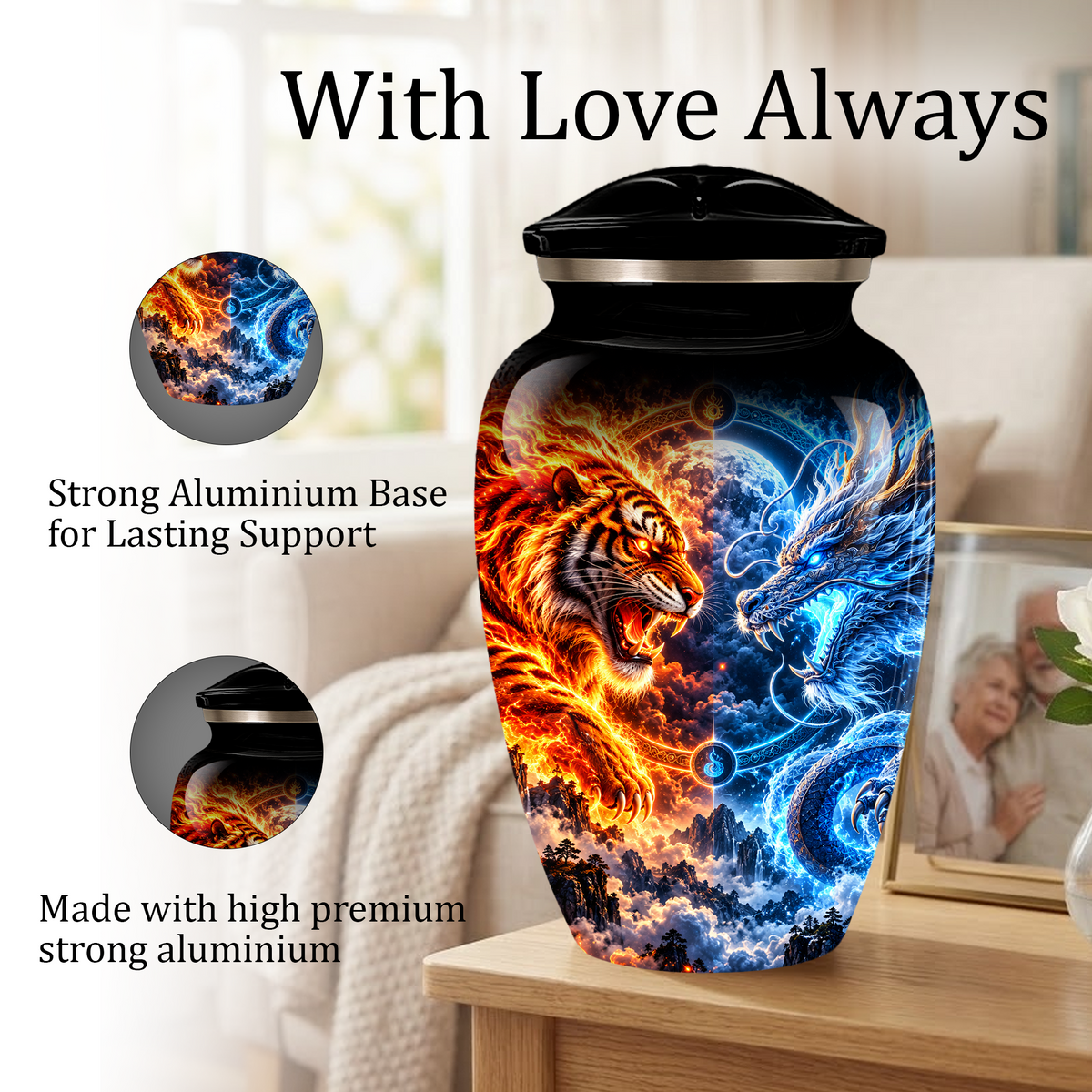 Personalized Adult Cremation Urn for Ashes, Fire and Ice Tiger and Dragon Memorial Urn