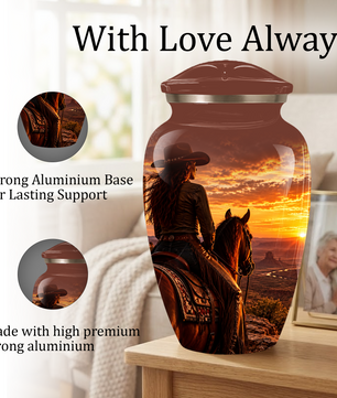 Personalized Adult Cremation Urn for Ashes, Custom Memorial Urn, Western Cowboy Horse Sunset Design