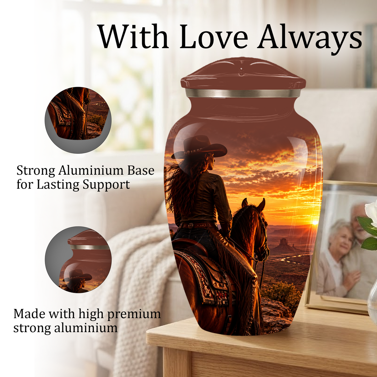 Personalized Adult Cremation Urn for Ashes, Custom Memorial Urn, Western Cowboy Horse Sunset Design