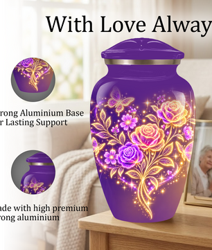 Purple Rose & Butterfly Cremation Urn for Ashes | Personalized Floral Memorial Urn | Handmade Adult Urn for Human Ashes