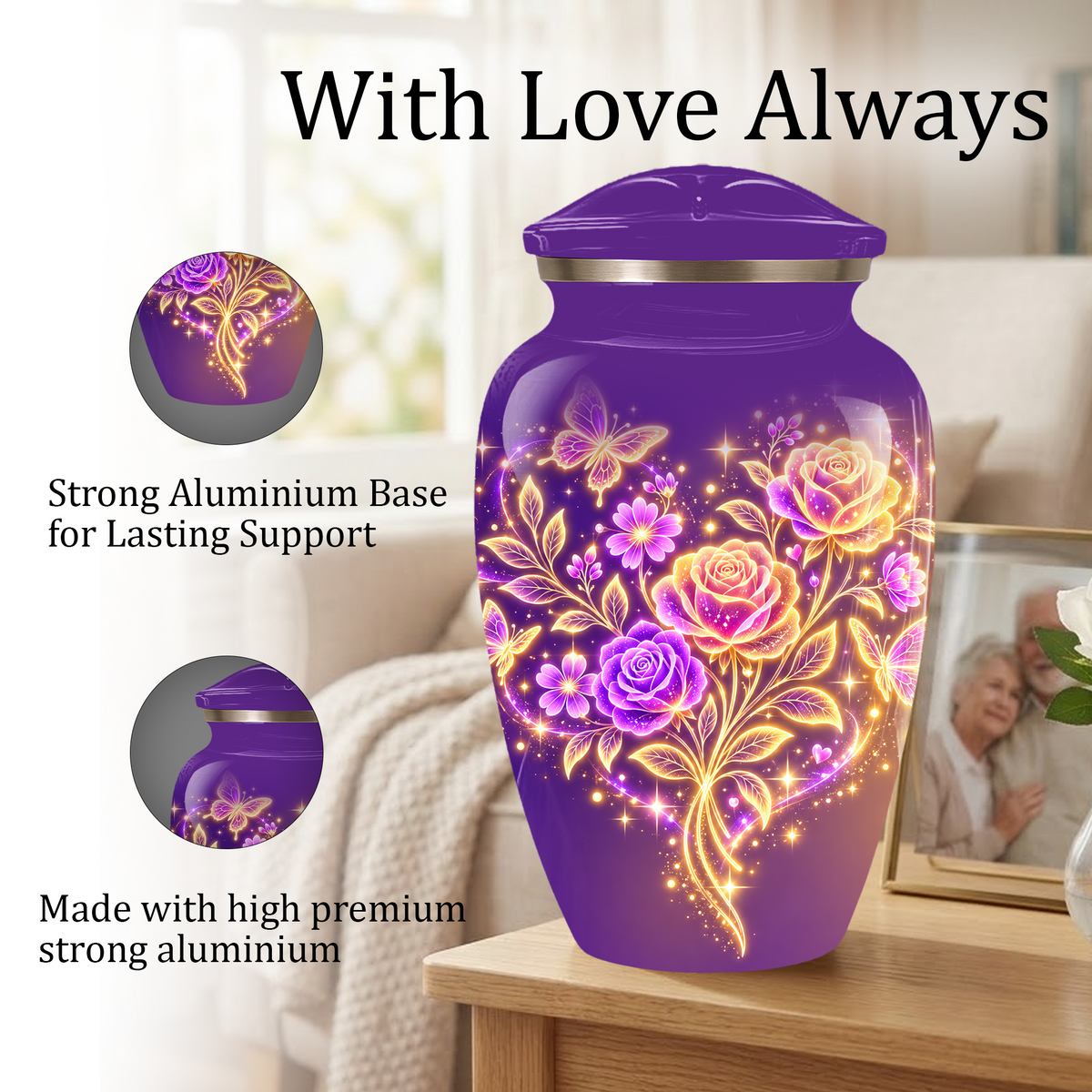 Purple Rose & Butterfly Cremation Urn for Ashes | Personalized Floral Memorial Urn | Handmade Adult Urn for Human Ashes