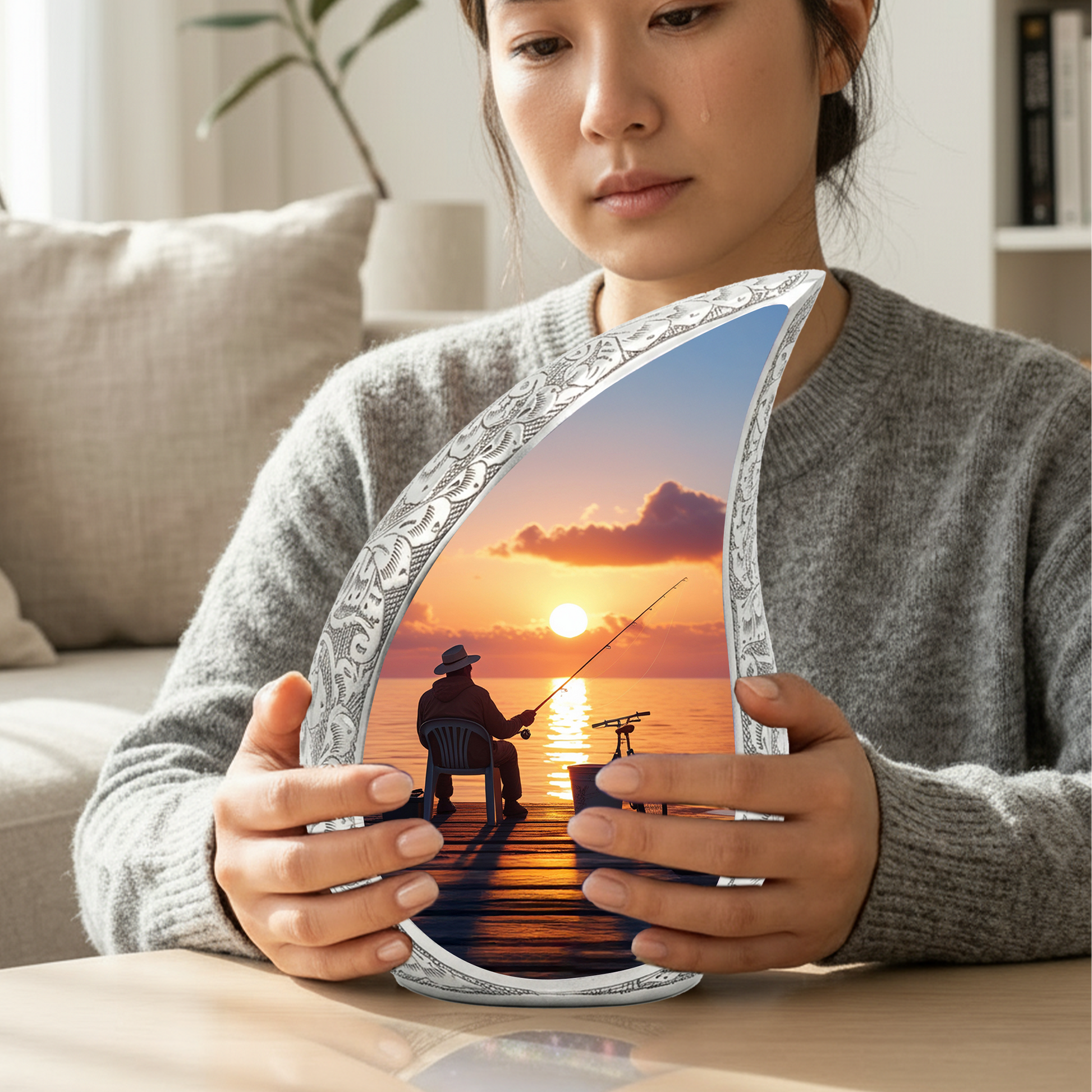 Fishing Personalized Cremation Urn for Dad – Teardrop Style Aluminum Memorial Urn, 10 Inch
