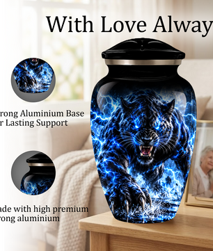 Black Panther Cremation Urn for Ashes, Blue Lightning Big Cat Urn for Human Ashes