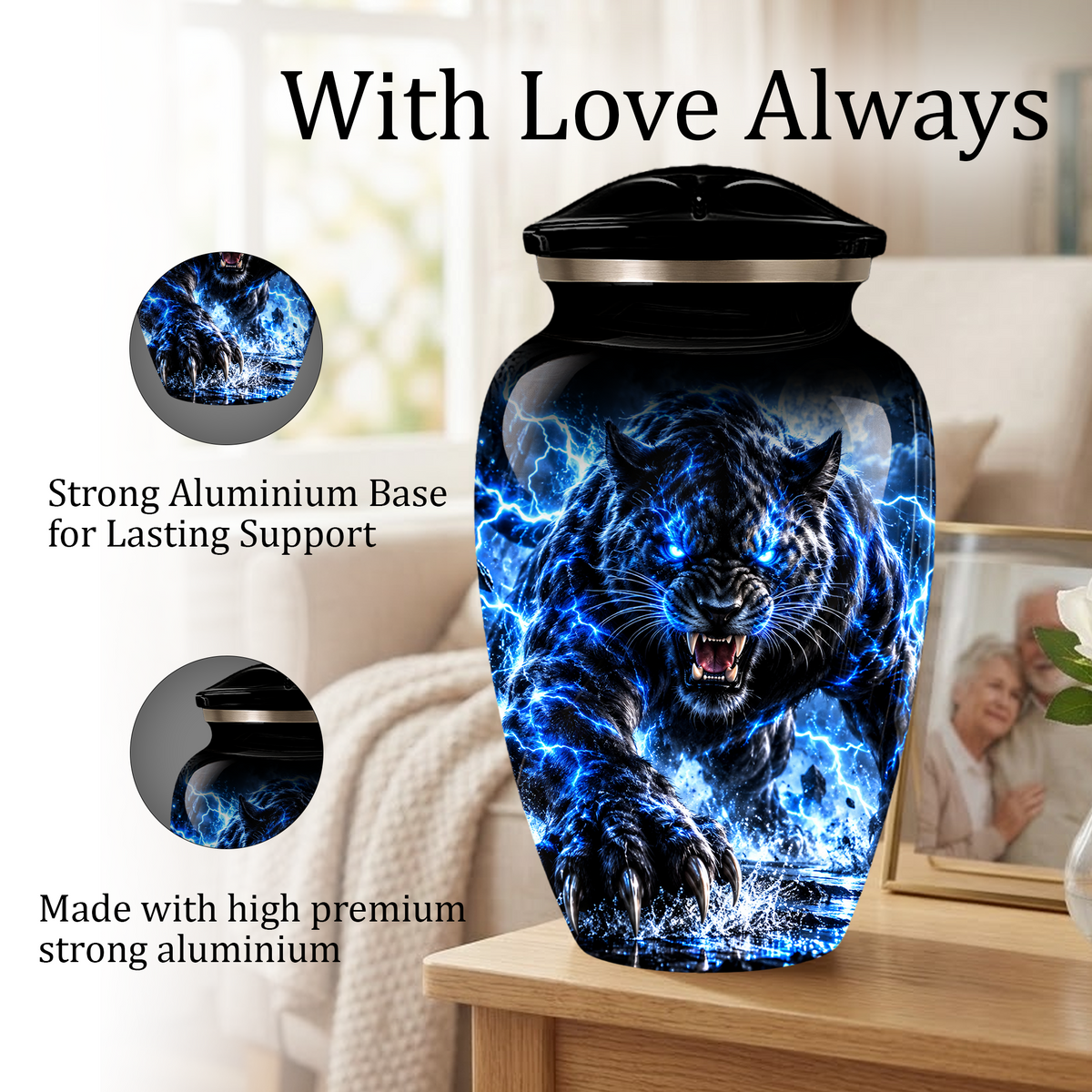 Black Panther Cremation Urn for Ashes, Blue Lightning Big Cat Urn for Human Ashes