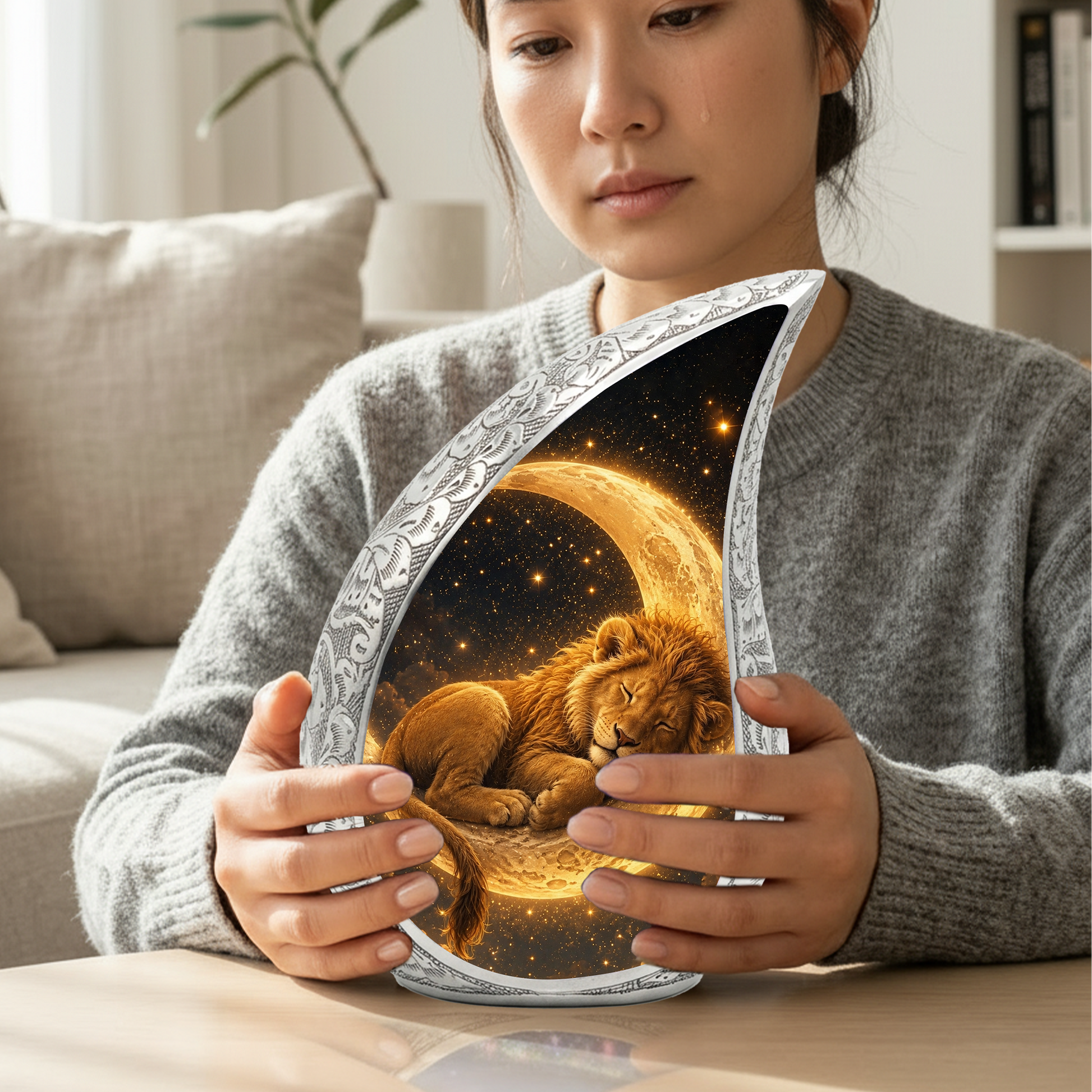 Sleeping Lion Moon Urn for Adult Ashes | Peaceful Adult Cremation Urn Memorial