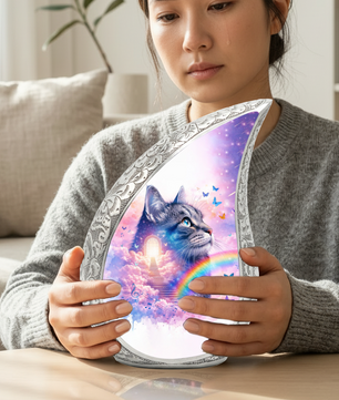 Personalized Cat Cremation Urn – Custom Cat Memorial Urn for Ashes, Rainbow Bridge Pet Urn, Teardrop Aluminum Cat Urn, 10 Inch