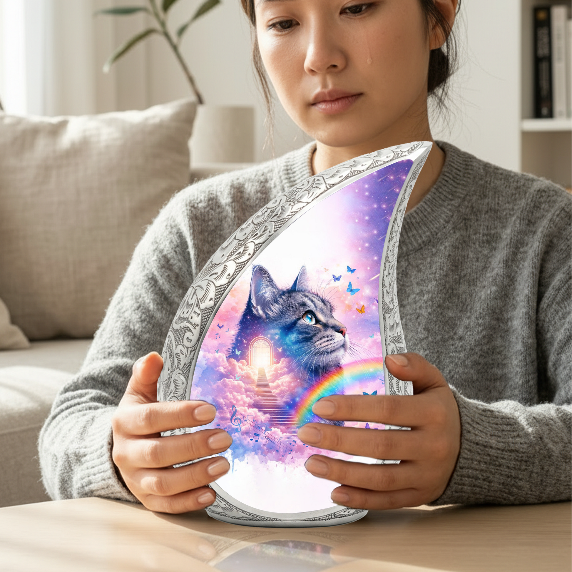 Personalized Cat Cremation Urn – Custom Cat Memorial Urn for Ashes, Rainbow Bridge Pet Urn, Teardrop Aluminum Cat Urn, 10 Inch