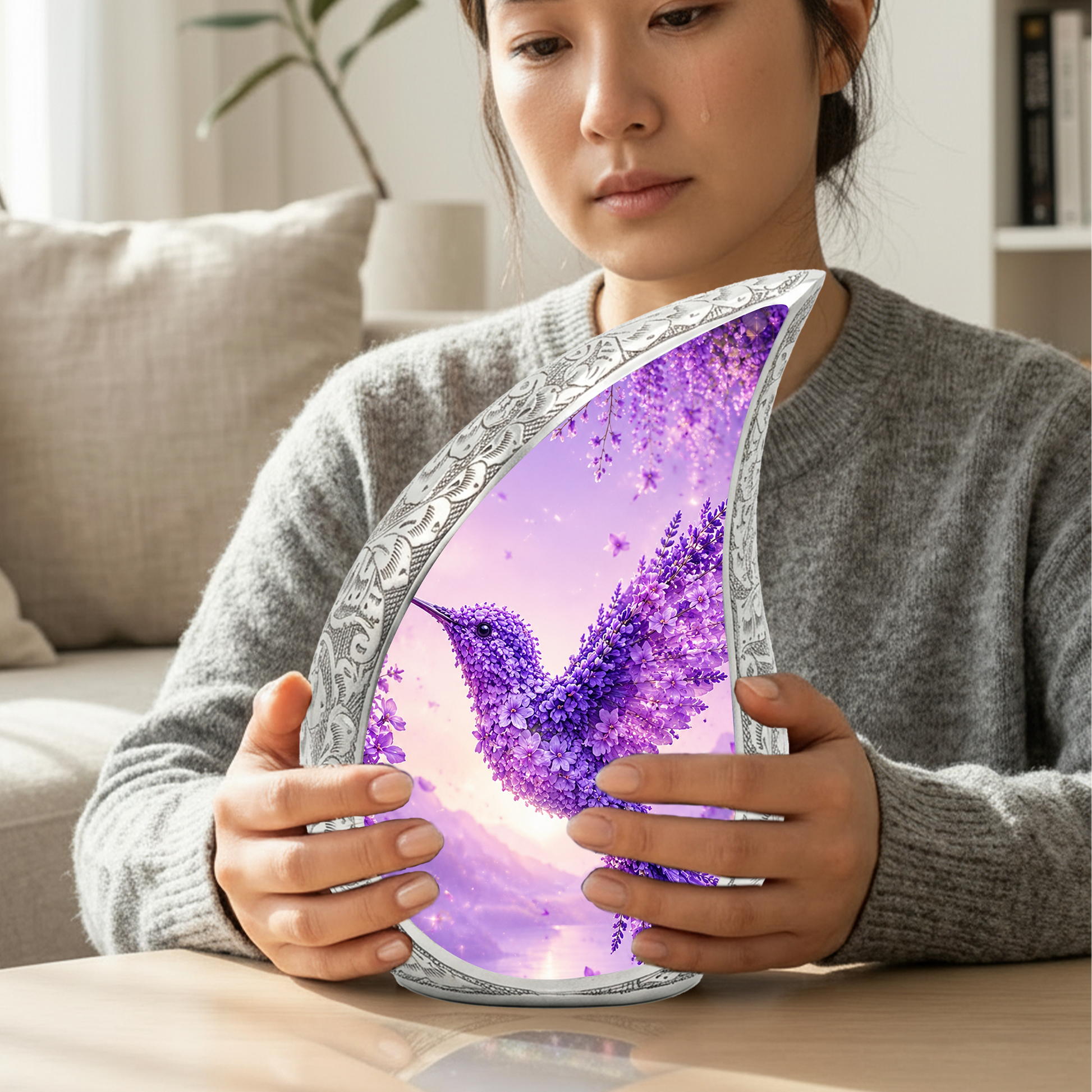 Hummingbird Urn for Human Ashes | Purple Floral Adult Cremation Urn | Beautiful Hummingbird Memorial Urn for Adult Ashes
