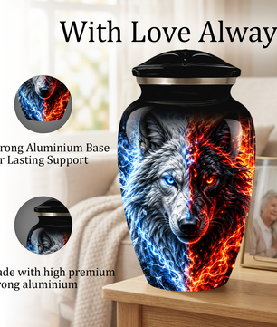 Personalized Adult Cremation Urn for Ashes, Custom Wolf Memorial Urn, Blue and Fire Red Dual Wolf Artwork