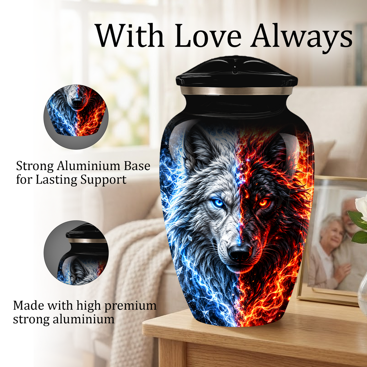 Personalized Adult Cremation Urn for Ashes, Custom Wolf Memorial Urn, Blue and Fire Red Dual Wolf Artwork