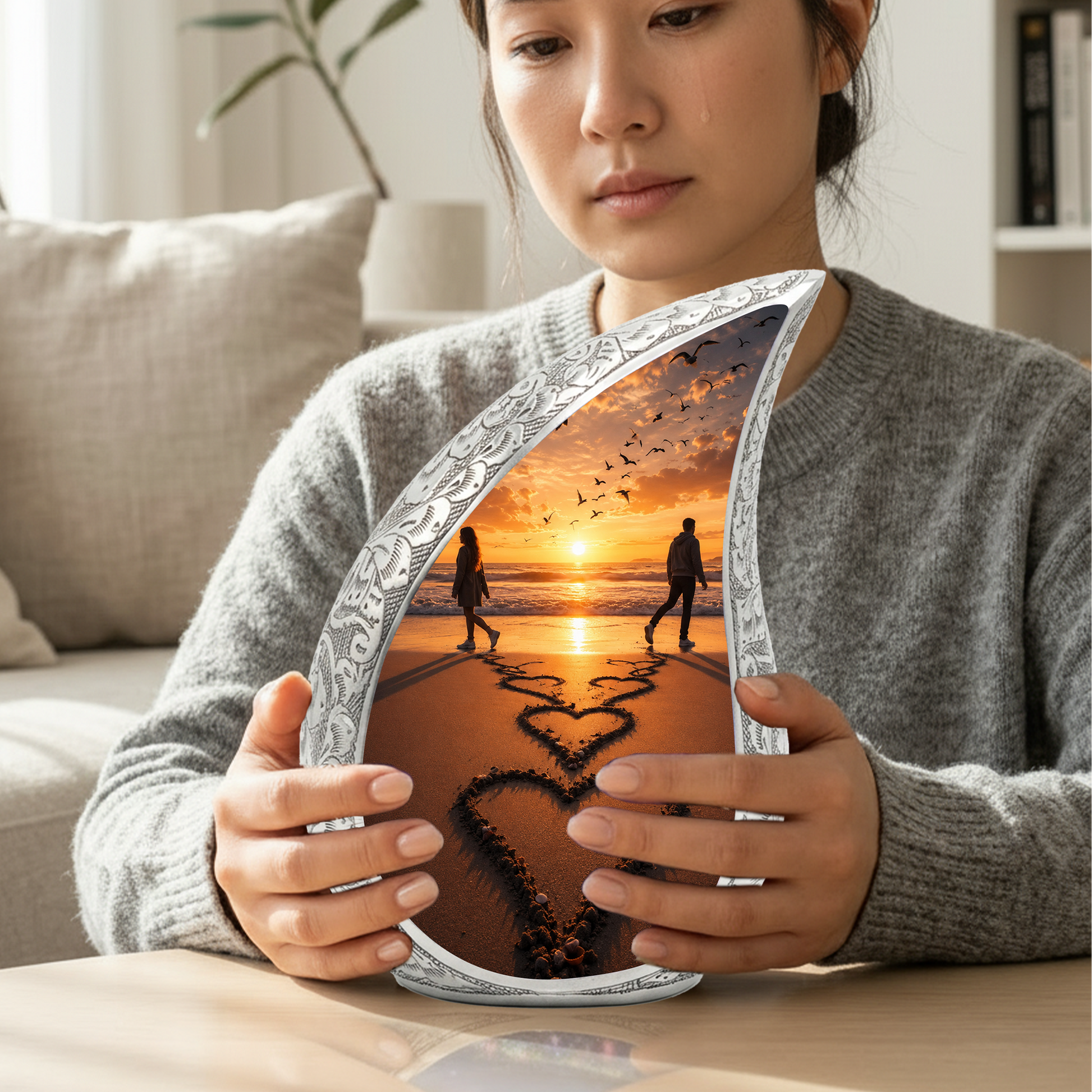 Beach Sunset Cremation Urn for Human Ashes | Heart-Shaped Ocean Memorial Urn & Beach Themed Keepsake Urn