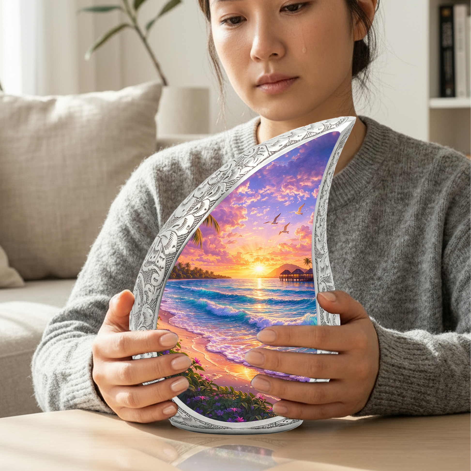 Personalized Beach Cremation Urn – Custom Ocean Sunset Memorial Urn for Ashes, Tropical Beach Teardrop Aluminum Adult Urn, 10 Inch |