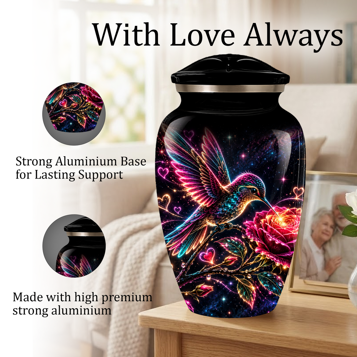 Hummingbird and Rose Cremation Urn for Adult Ashes – Personalized Aluminum Memorial Urn