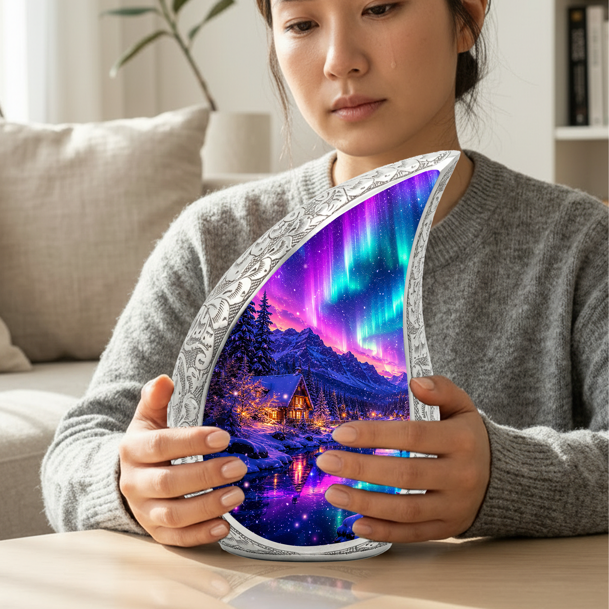 Aurora Winter Landscape Cremation Urn for Mom, Dad & Loved Ones | Beautiful Wooden Urns for Human Ashes, Personalized Memorial Adult Urn