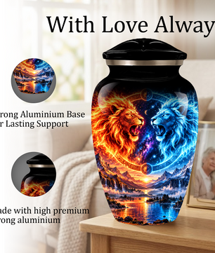 Personalized Adult Cremation Urn for Ashes, Fire and Ice Twin Lion Memorial Urn