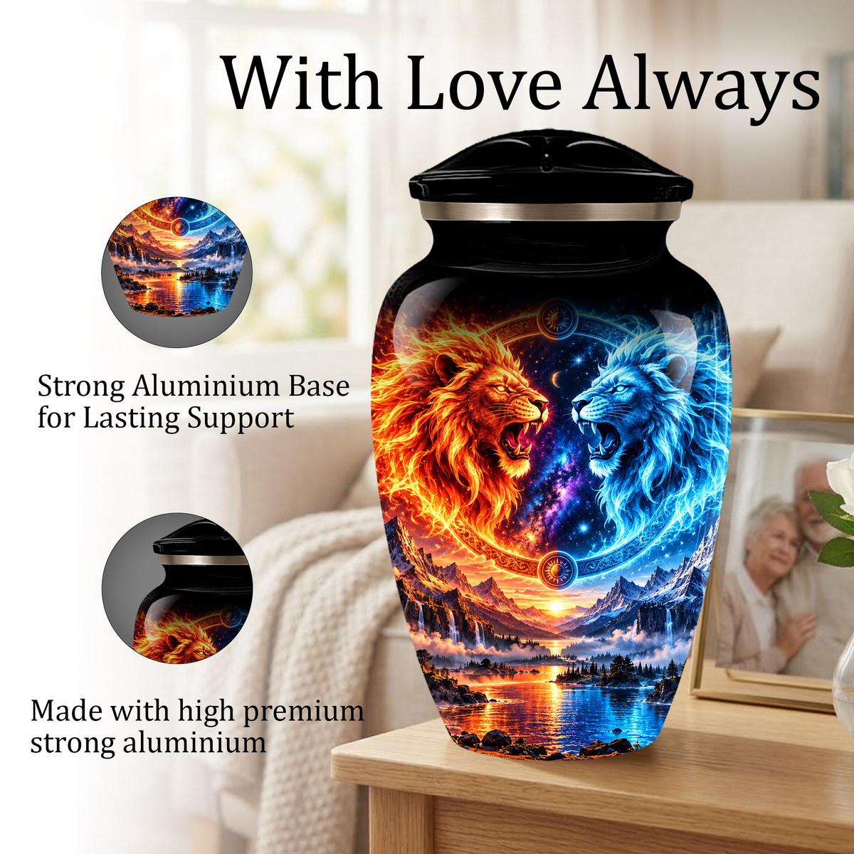 Personalized Adult Cremation Urn for Ashes, Fire and Ice Twin Lion Memorial Urn