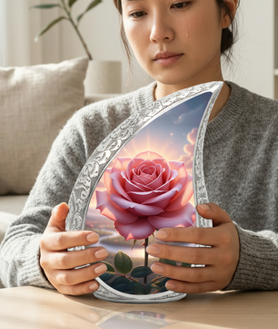 Personalized Pink Rose Cremation Urn – Custom Floral Memorial Urn for Ashes, Elegant Teardrop Aluminum Adult Urn, 10 Inch