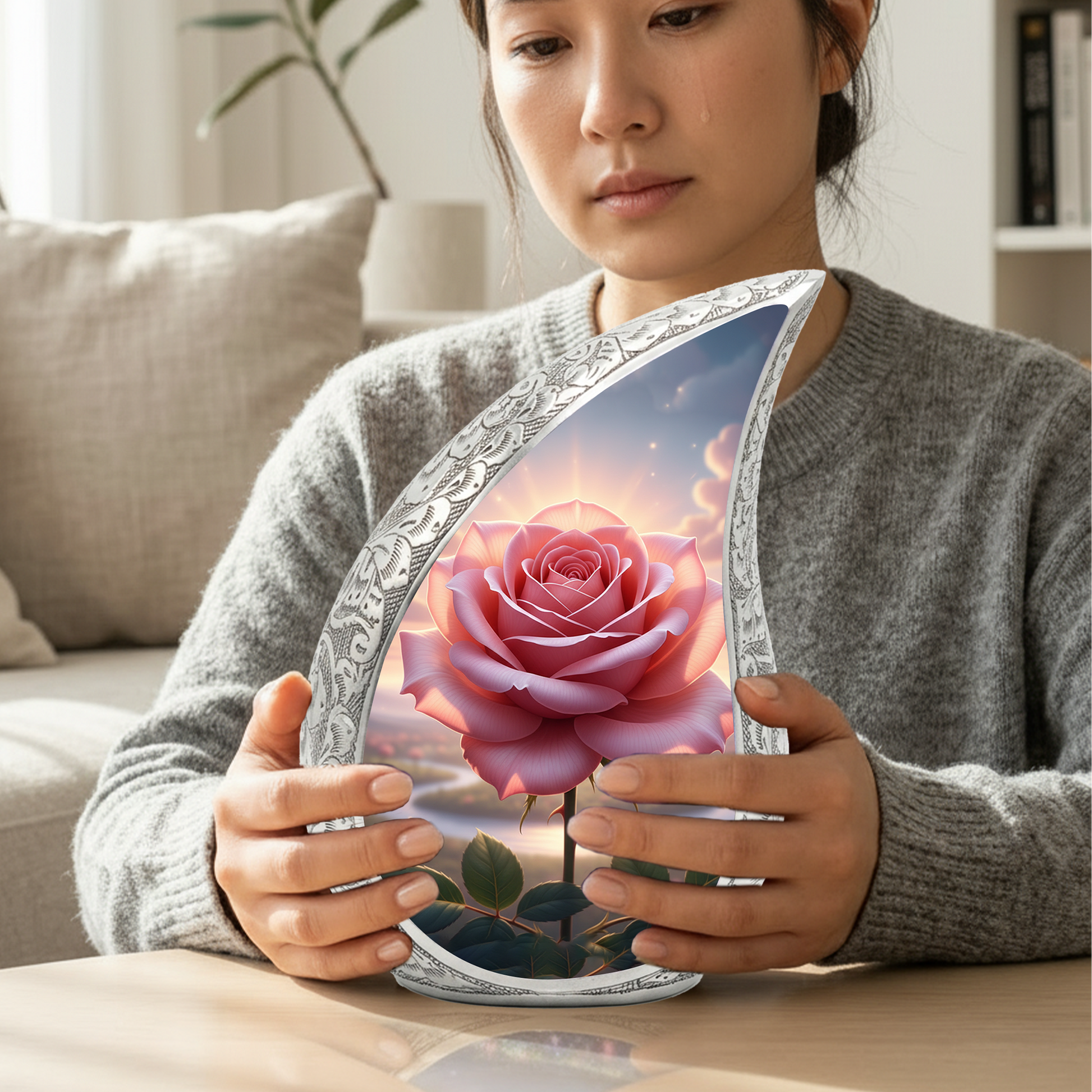 Personalized Pink Rose Cremation Urn – Custom Floral Memorial Urn for Ashes, Elegant Teardrop Aluminum Adult Urn, 10 Inch