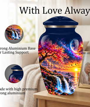 Personalized Adult Cremation Urn for Ashes, Custom Memorial Urn, Fantasy Sunset Waterfall and Cherry Blossom Design