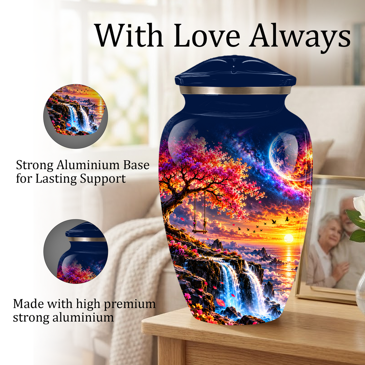 Personalized Adult Cremation Urn for Ashes, Custom Memorial Urn, Fantasy Sunset Waterfall and Cherry Blossom Design