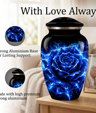 Blue Rose Cremation Urn for Ashes | Personalized Memorial Urn for Human Ashes | Handmade Aluminum Adult Urn