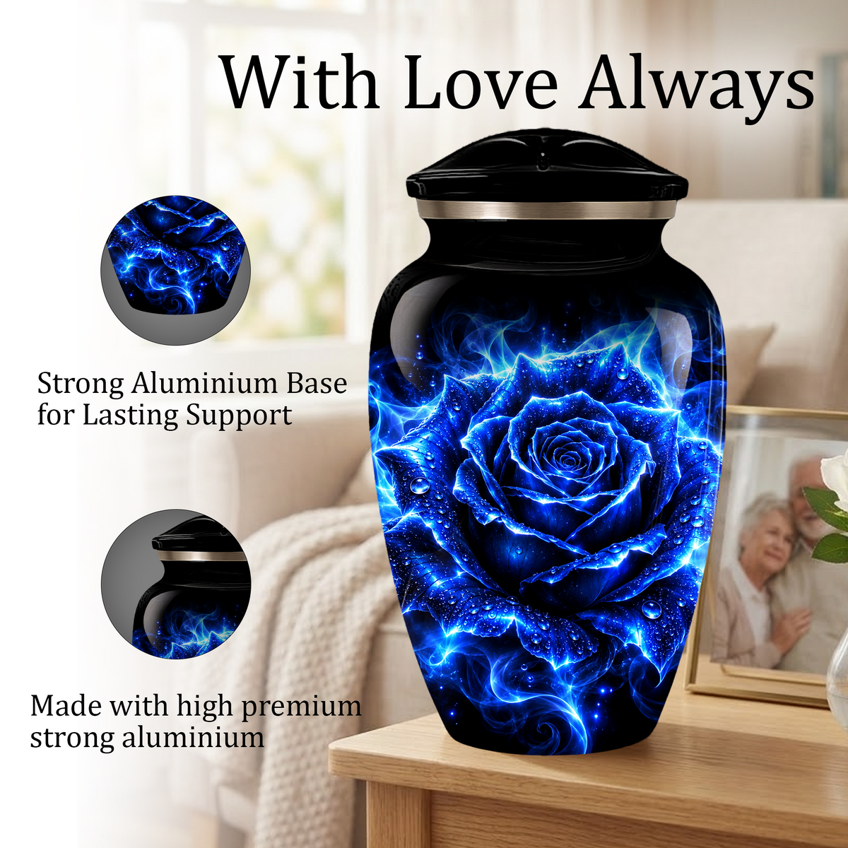 Blue Rose Cremation Urn for Ashes | Personalized Memorial Urn for Human Ashes | Handmade Aluminum Adult Urn