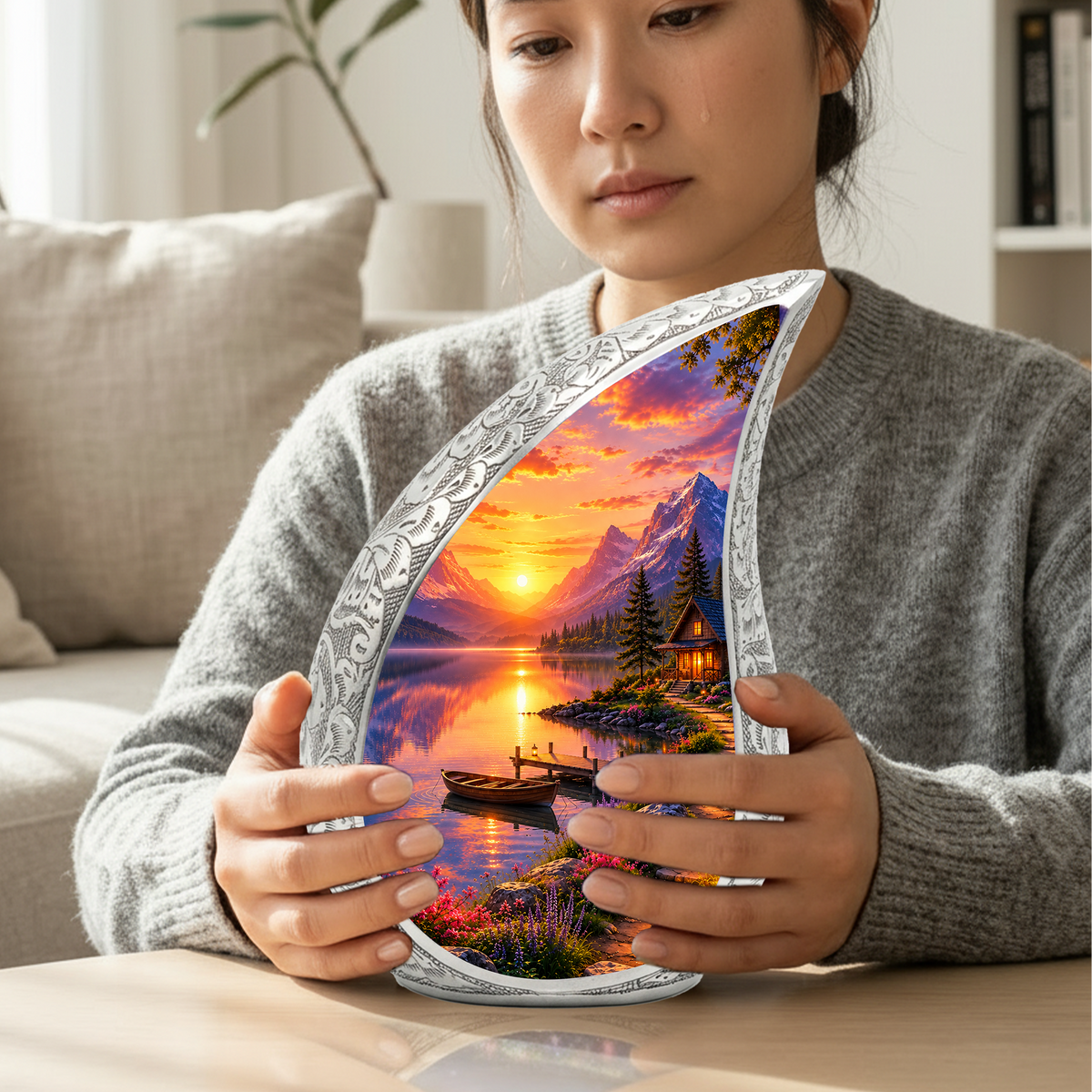 Sunset Lake Cremation Urn for Adult Ashes, Mountain Landscape Memorial Urn