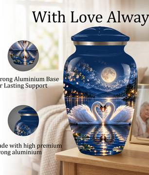 Personalized Adult Cremation Urn for Ashes, Two Swans Under the Full Moon Memorial Urn
