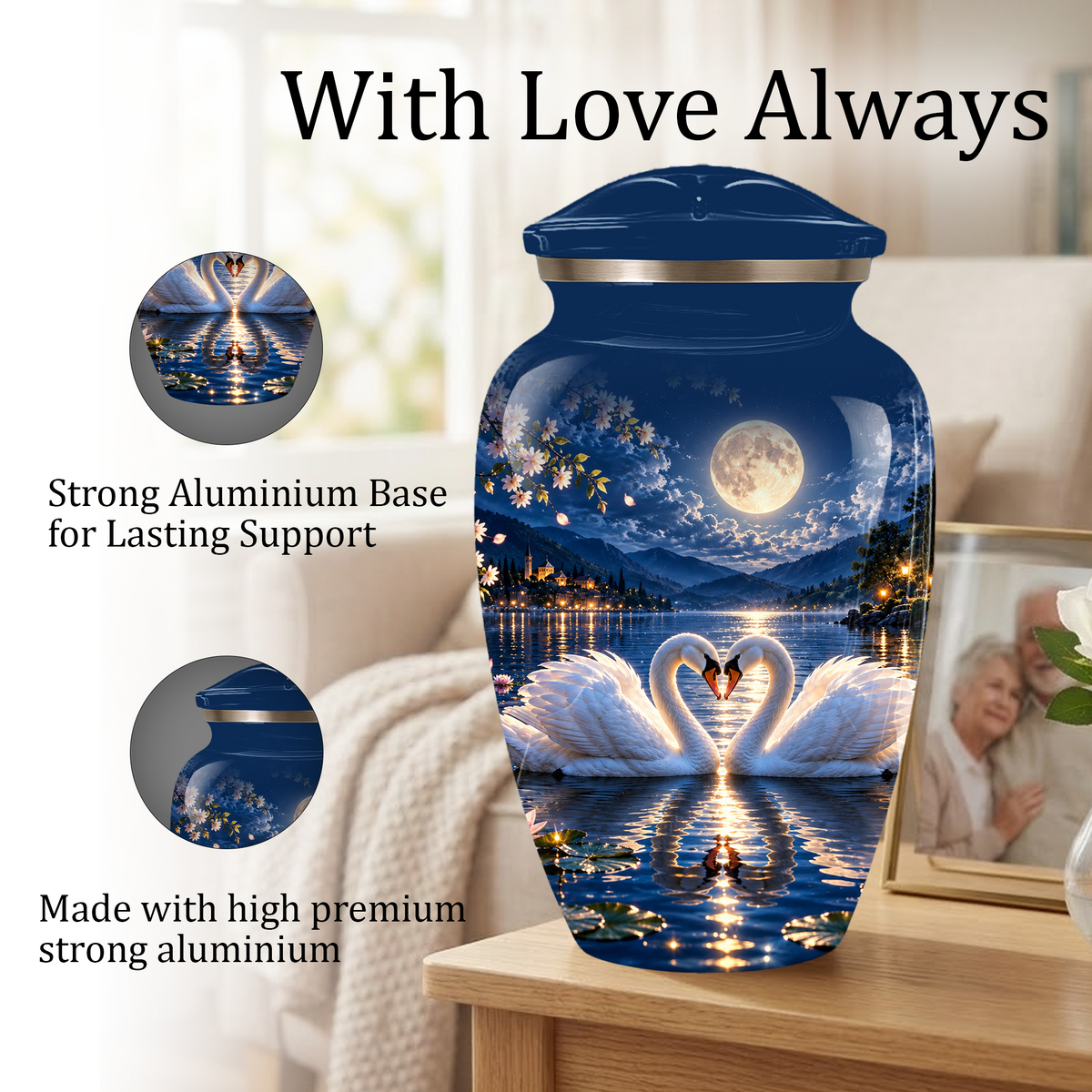 Personalized Adult Cremation Urn for Ashes, Two Swans Under the Full Moon Memorial Urn