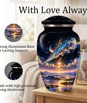 Personalized Adult Cremation Urn for Ashes, Custom Memorial Urn, Galaxy and Mountain Sunset Design